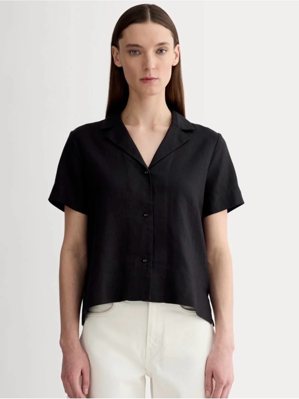 Everlane Black Short-Sleeve Button-Down Camp Collar Top Like New Linen
